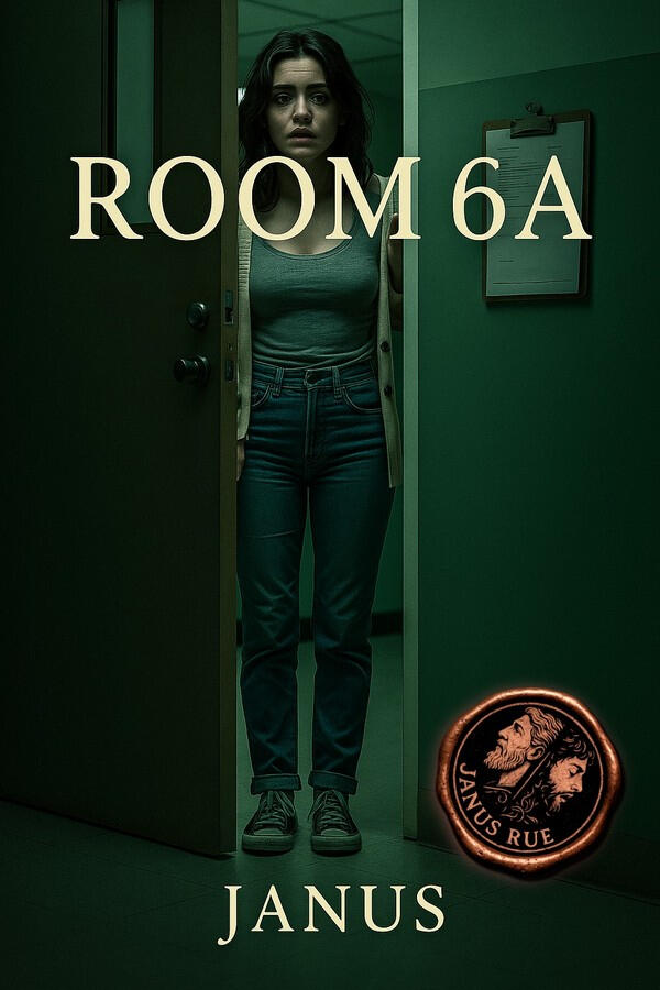 Cover of Room 6A by Janus Rue. A literary erotica novella exploring clinical submission, CMNF ritual, and observed surrender.