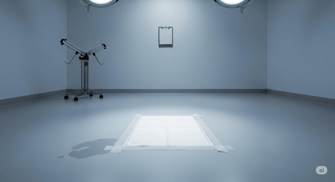 Empty clinical room with overhead lights, white floor mat, clipboard, and visible fluid spill. A ritual site for observed submission.