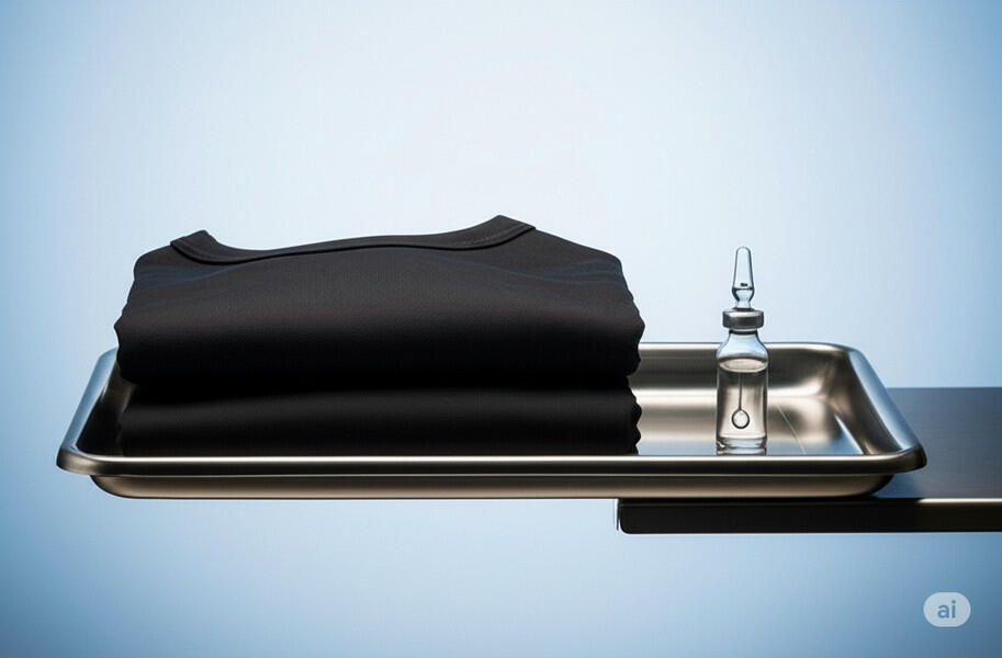 Sterile tray holding a folded black uniform and clear medical ampoule. The beginning of the subject’s ritual submission.
